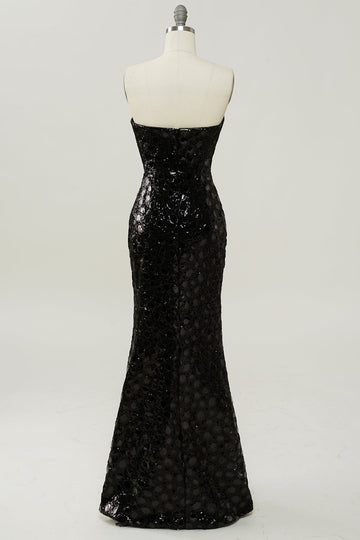 Vestido de lentejuelas negro sin tirantes sirena